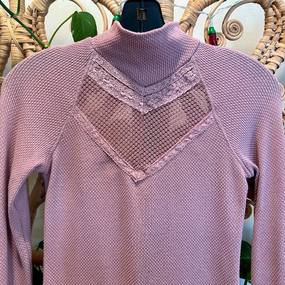 Free People Victorian High Collar Lace and Mesh Dusty Rose Long Sleeve Shirt - Picture 3 of 7
